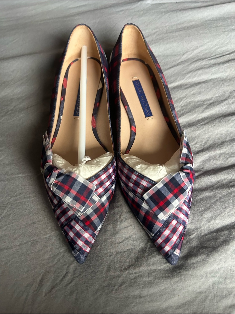 Stuart Weitzman Navy & Red Plaid Pointed Toe Flats with Bow Detail - EUC Sz 5